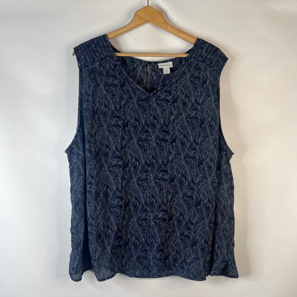 Liz Claiborne Blouse Womens 3X Navy Blue Leaf Print Sleeveless V-Neck Top